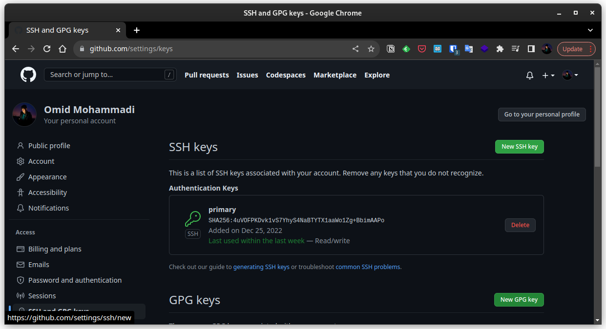 github ssh keys settings